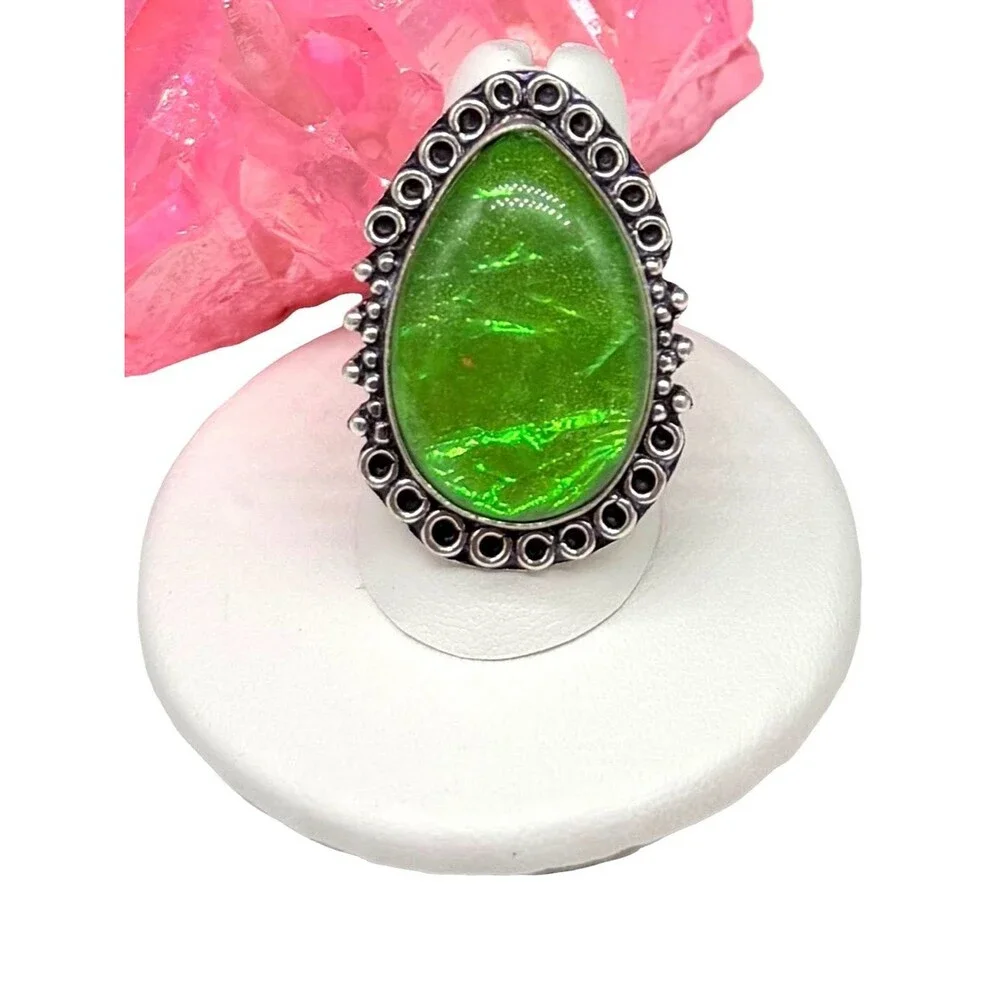 Green Triplet Opal Ring Size 7.5 925 Sterling Silver Overlay